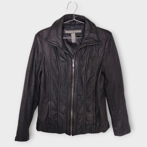 Kenneth Cole REACTION Leather Jacket Womens Sz L Full Zip Black Classic Pockets - Picture 1 of 10